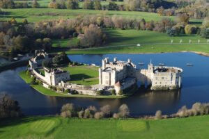 Aerial view of Leeds Castle island and moat