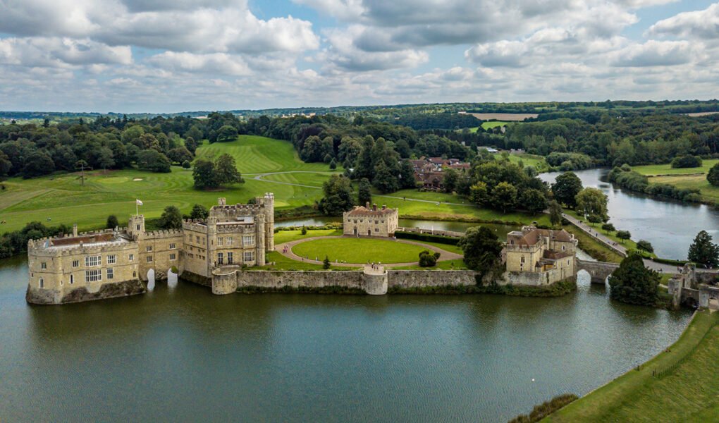 Aerial view of Leeds Castle on island surrounded by moat