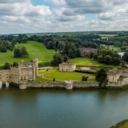 Aerial view of Leeds Castle on island surrounded by moat