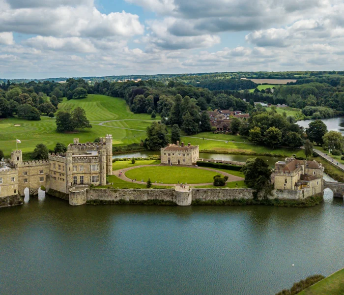 Aerial view of Leeds Castle on island surrounded by moat