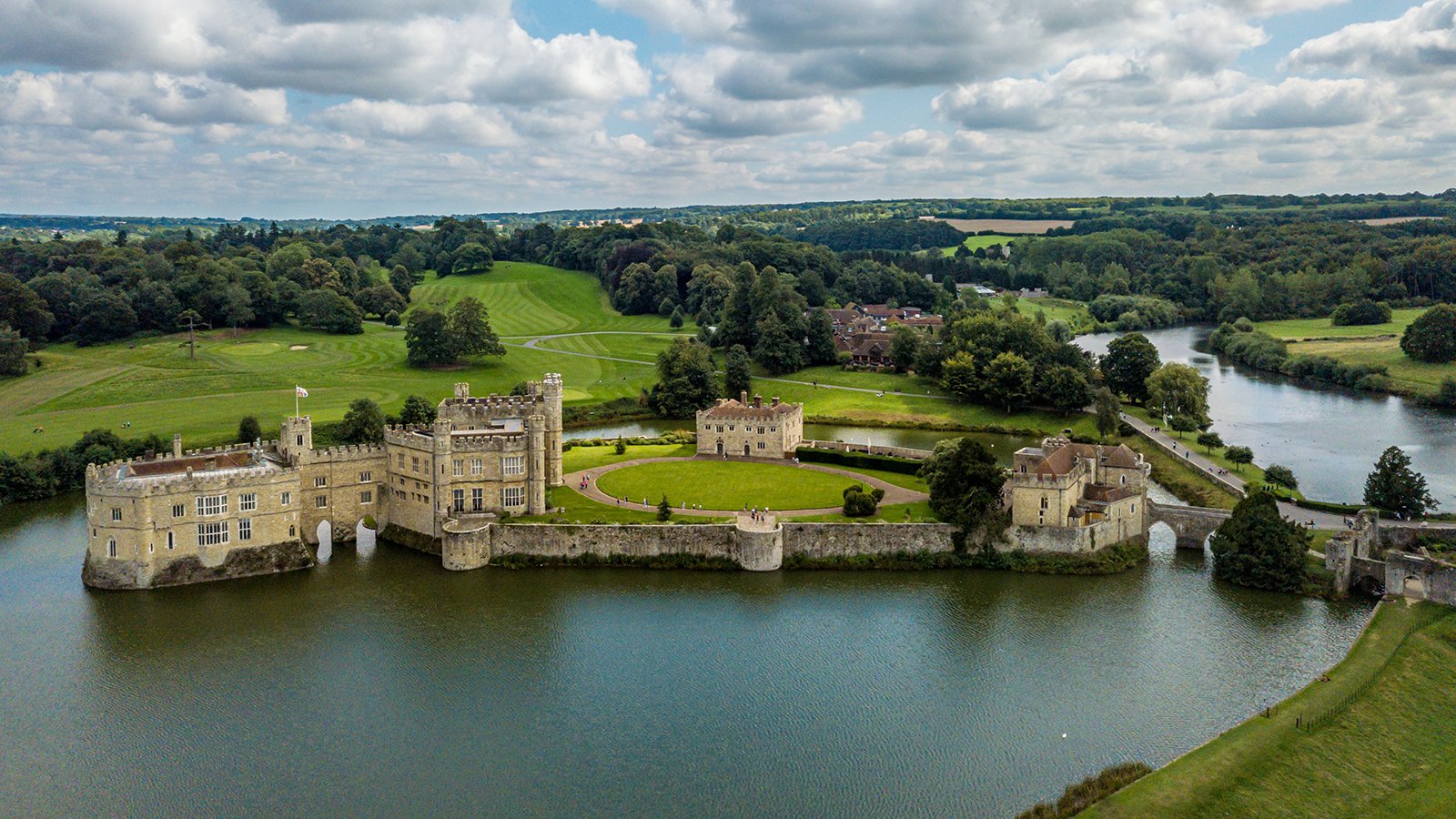 Aerial view of Leeds Castle on island surrounded by moat