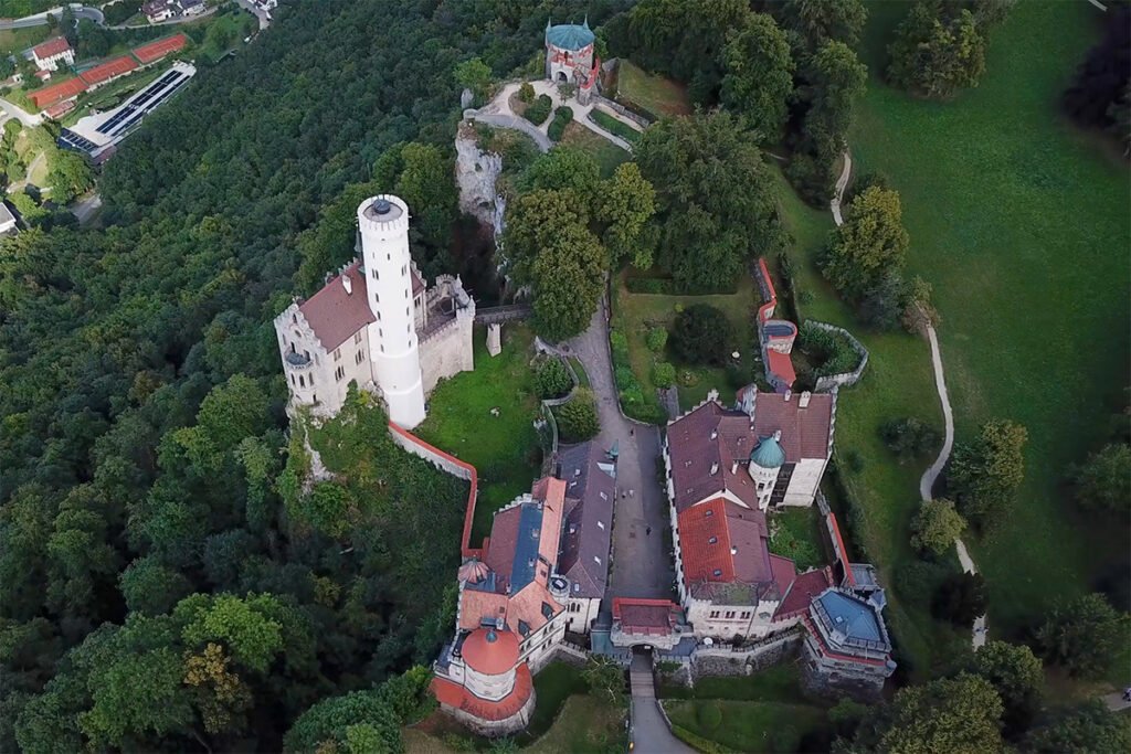 Aerial view of Lichtenstein Castle perched on cliff