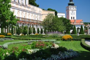 Ornate gardens and clock tower at Mikulov Castle