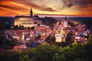 Mikulov Castle overlooking historic town at sunset