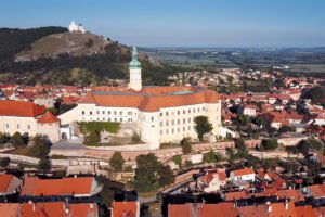 Aerial view of Mikulov Castle and rooftops