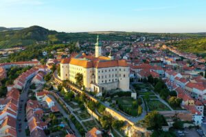 Aerial view of Mikulov Castle on hill above town
