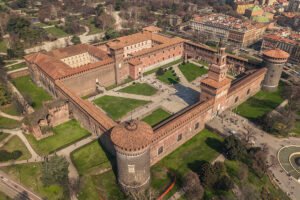 Aerial view of Sforzesco Castle courtyard in Milan
