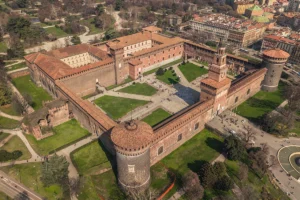 Aerial view of Sforzesco Castle courtyard in Milan