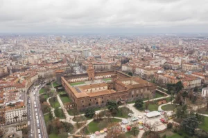 Aerial view of Sforzesco Castle and Milan skyline
