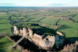 Aerial view of Beeston Castle atop rocky outcrop