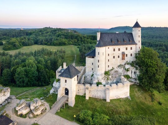 Aerial view of Bobolice Castle on limestone hill