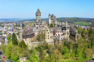 Braunfels Castle perched above town with towers