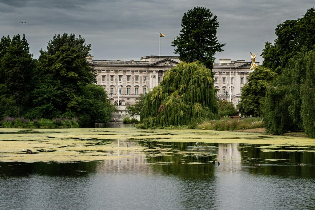 Buckingham Palace viewed across a green lake and trees