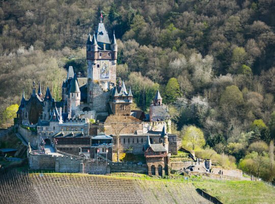 Cochem Castle perched above Moselle River vineyards in springtime