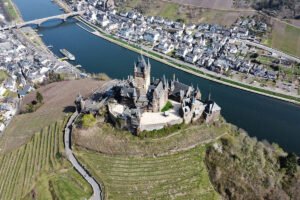 Aerial view of Cochem Castle on Moselle hilltop
