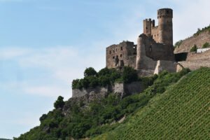 Ehrenfels Castle ruins above terraced Rhine vineyards against blue sky