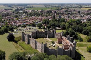 Aerial view of Framlingham Castle with town and fields beyond