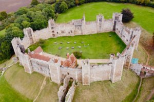 Aerial view of Framlingham Castle's inner bailey and curtain walls