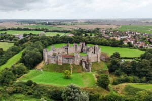 Aerial view of Framlingham Castle on green mound