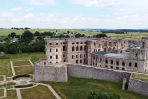 Aerial view of Krzyztopor Castle ruins and surrounding fields