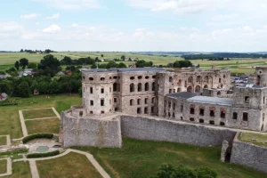 Aerial view of Krzyztopor Castle ruins and surrounding fields