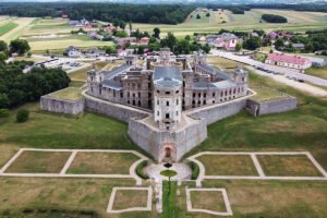 Aerial view of Krzyztopor Castle ruins and gardens