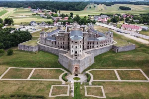 Aerial view of Krzyztopor Castle ruins and gardens