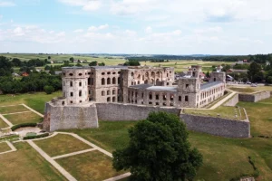 Aerial view of Krzyztopor Castle ruins and surrounding fields
