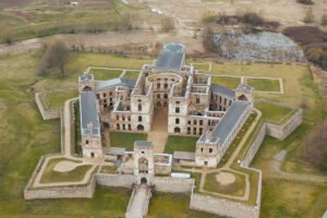 Aerial view of Krzyztopor Castle ruins within star-shaped fortifications