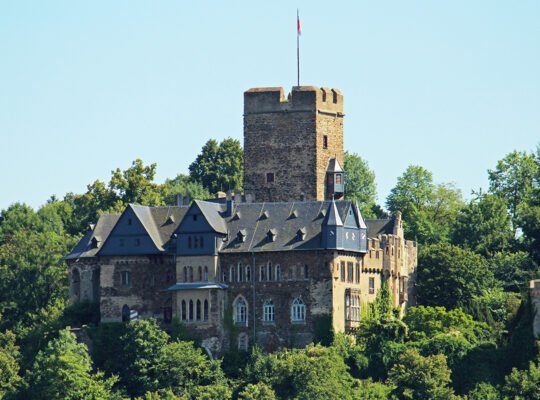 Lahneck Castle hilltop tower surrounded by trees