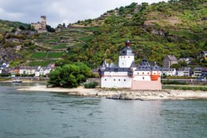 Pfalzgrafenstein Castle on river islet with vineyards