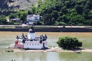 Pfalzgrafenstein Castle on small island in the Rhine, white tower and turrets