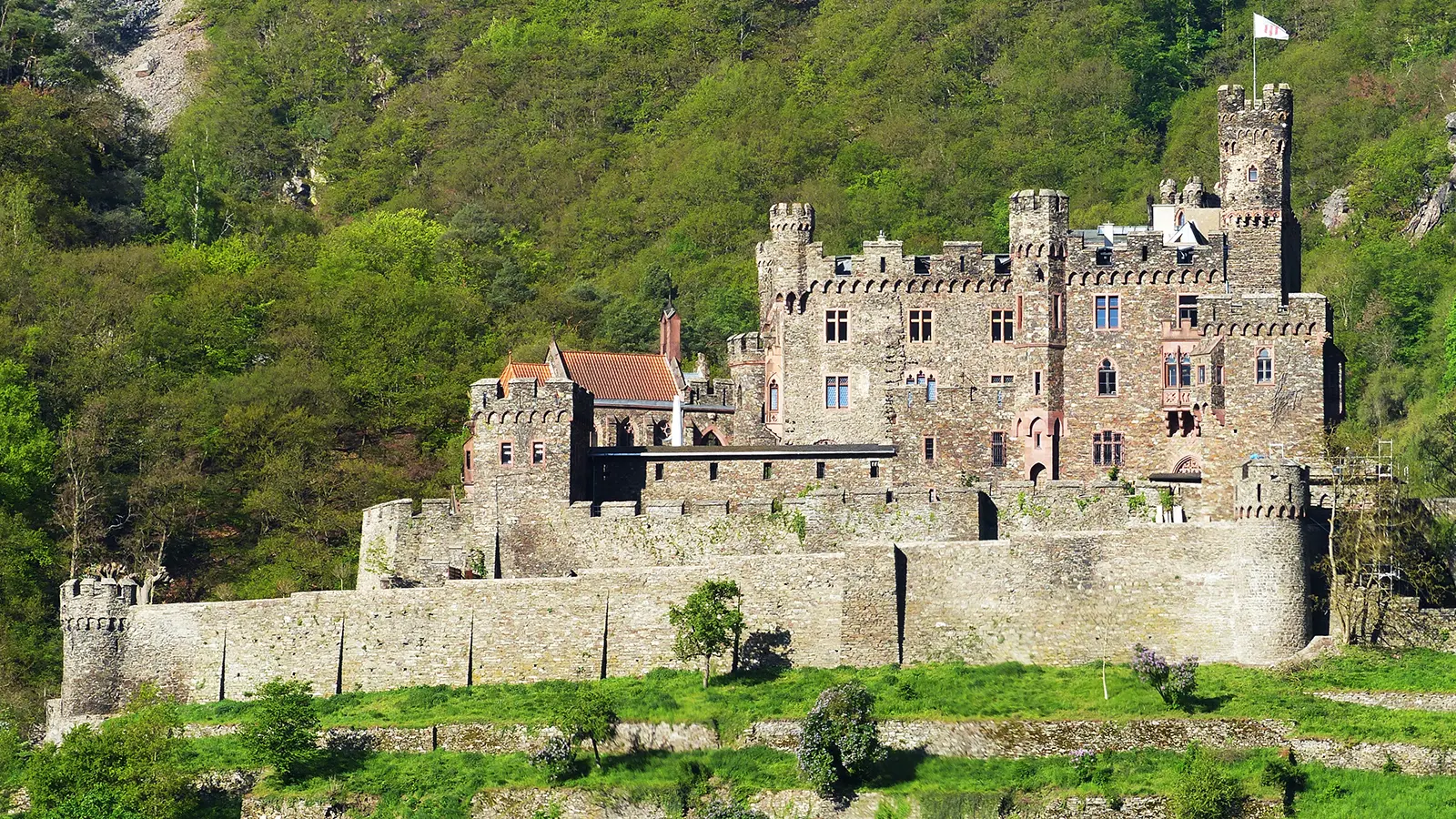 Reichenstein Castle perched on forested hillside overlooking valley