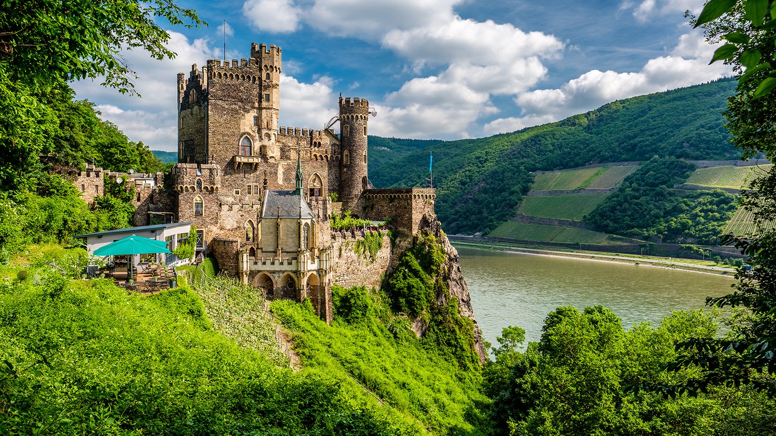 Rheinstein Castle perched on cliff above the Rhine River, terraced vineyards