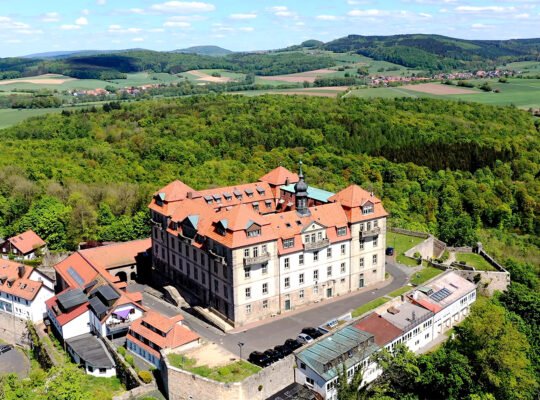 Aerial view of Bieberstein Palace, Hesse atop forested ridge