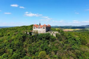 Bieberstein Palace, Hesse perched on forested hill under bright blue sky