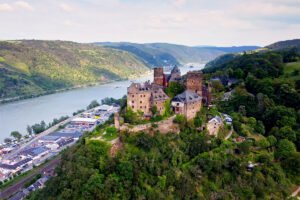 Aerial view of Schönburg Castle above the Rhine valley
