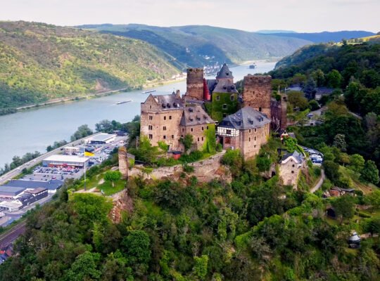 Aerial view of Schönburg Castle above the Rhine valley