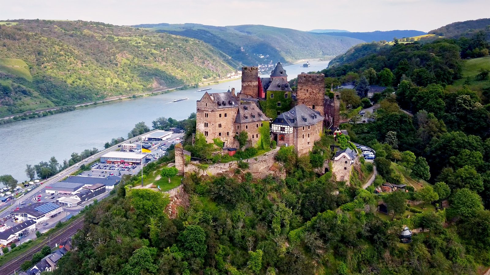 Aerial view of Schönburg Castle above the Rhine valley