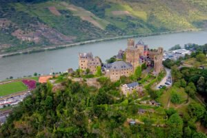 Aerial view of Schönburg Castle above the Rhine river