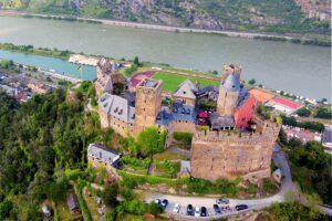 Aerial view of Schönburg Castle on Rhine hilltop
