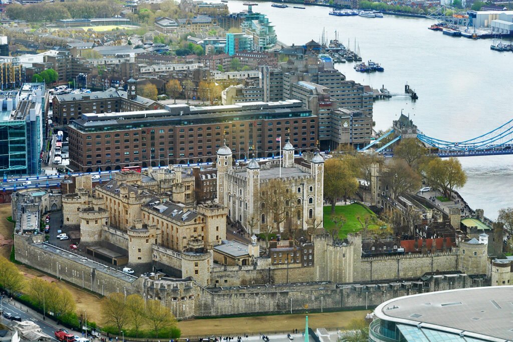 Aerial view of The Tower of London beside the River Thames