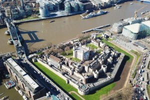 Aerial view of The Tower of London beside the River Thames