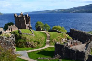 Ruined tower of Urquhart Castle above Loch Ness