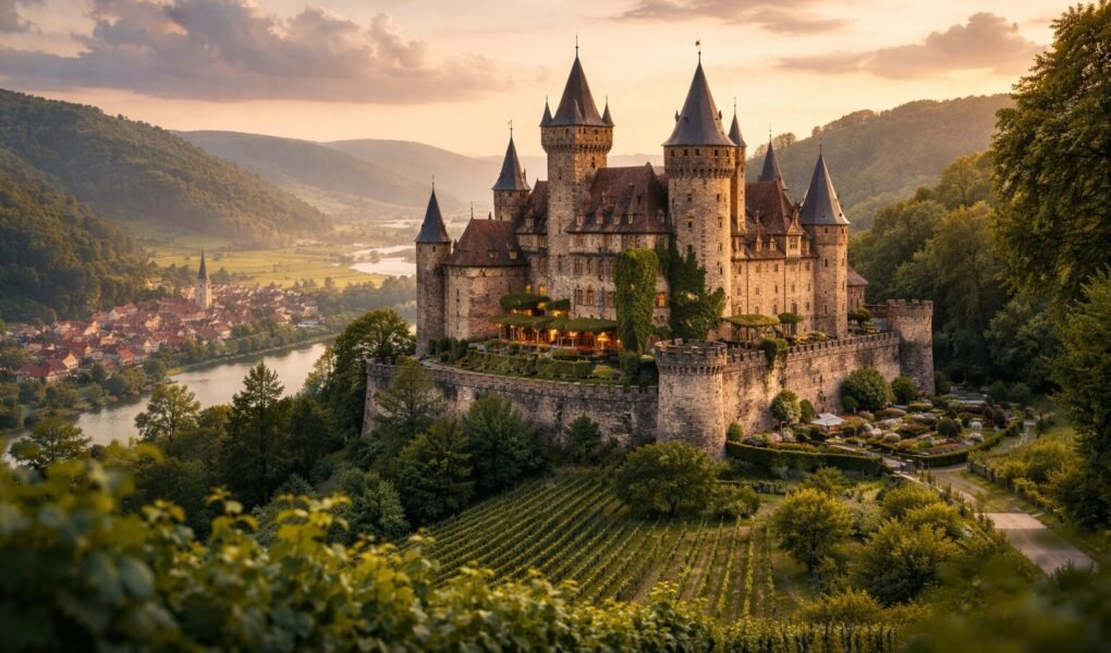 Hilltop medieval castle overlooking vineyards at sunset — affordable castle hotels in Europe inspiration