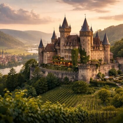 Hilltop medieval castle overlooking vineyards at sunset — affordable castle hotels in Europe inspiration