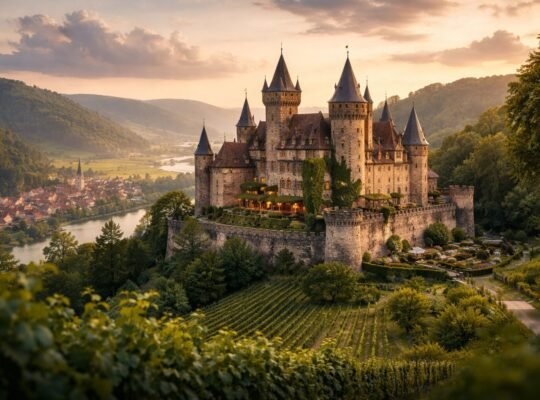 Hilltop medieval castle overlooking vineyards at sunset — affordable castle hotels in Europe inspiration