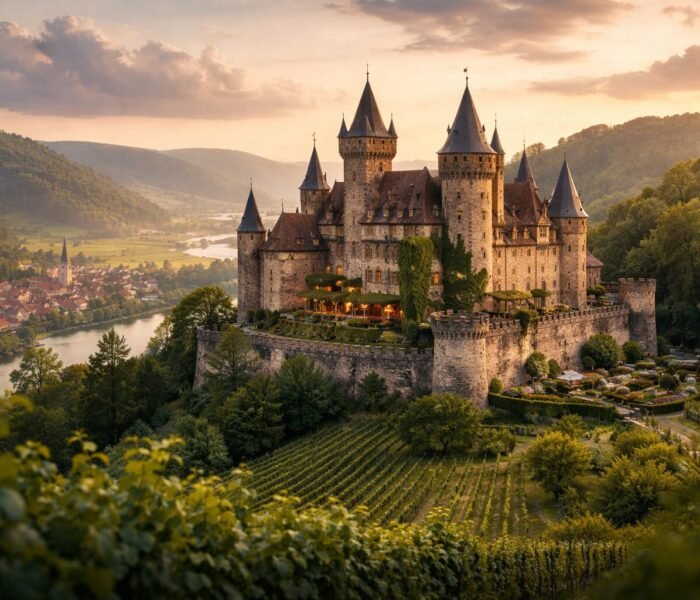Hilltop medieval castle overlooking vineyards at sunset — affordable castle hotels in Europe inspiration
