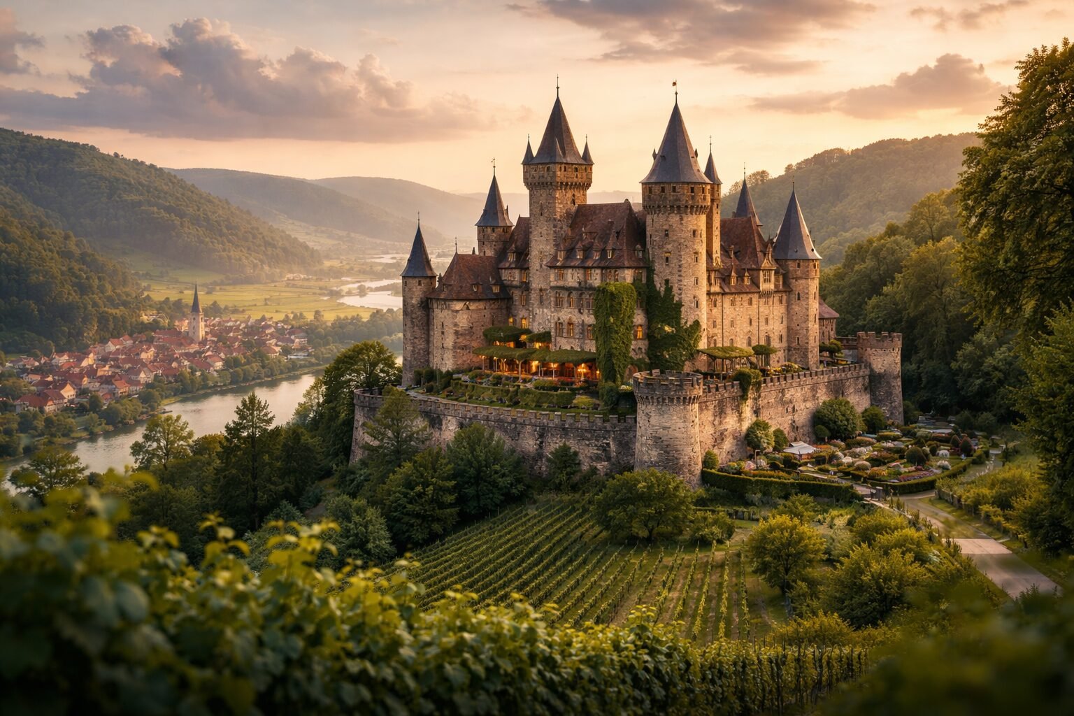 Hilltop medieval castle overlooking vineyards at sunset — affordable castle hotels in Europe inspiration