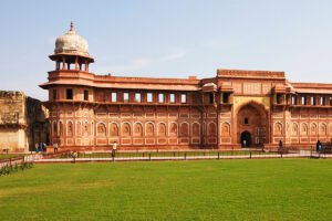 Agra Fort exterior with red sandstone walls and domed pavilion